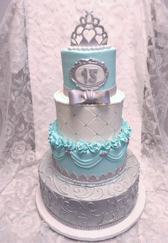 Aqua and Silver 4 Tier Cake - Quinceanera