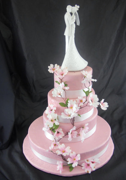 Pink Oval with Dogwood Blossoms Fondant Wedding Cake