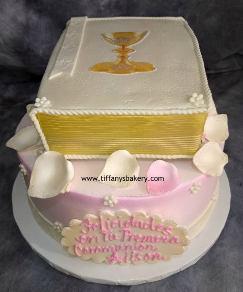 Round Cake with Stacked Bible for First Communion
