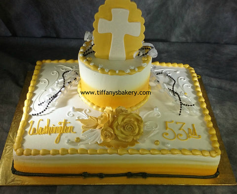Cross on Half Sheet with 6 Inch Round Double Layer Cake