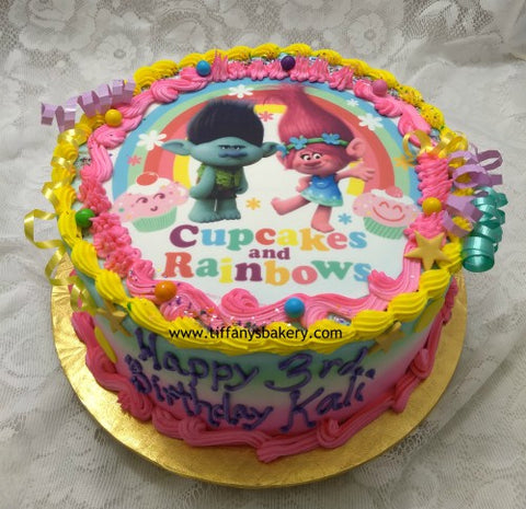 Edible Image Layon on 10" Round Cake - Trolls Cupcakes and Rainbows Design